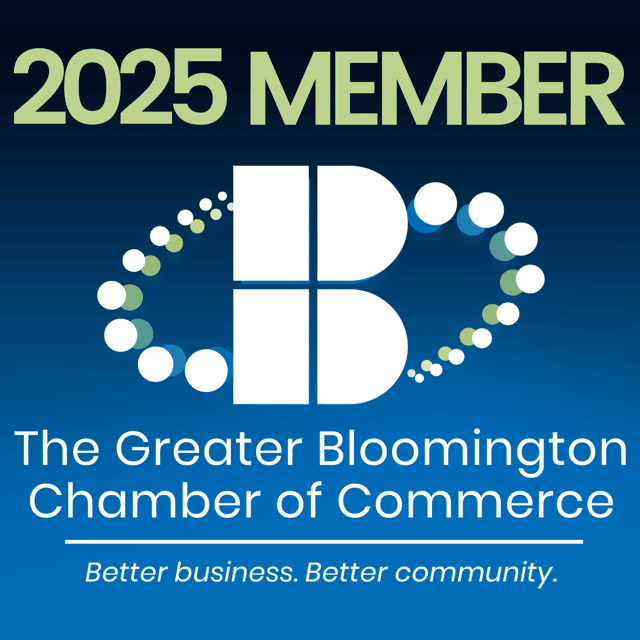 "2025 MEMBER" badge for The Greater Bloomington Chamber of Commerce, featuring a stylized "B" logo with circular design elements and the tagline "Better business. Better community." on a blue gradient background.