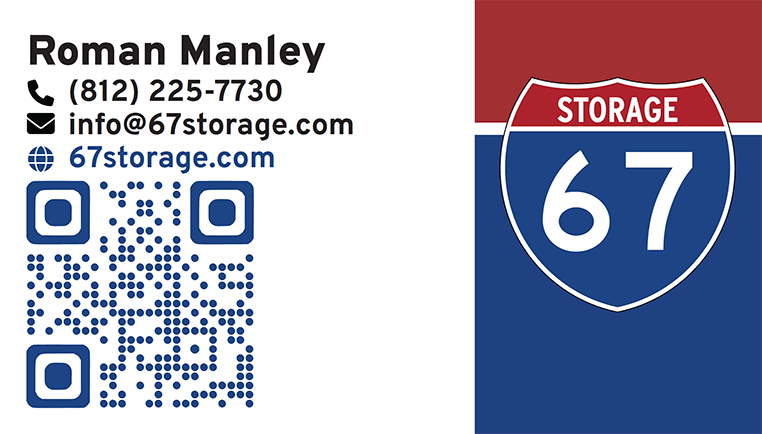 Business card for 67 Storage featuring contact details, a QR code for the website, and the company's shield logo with the number 67.