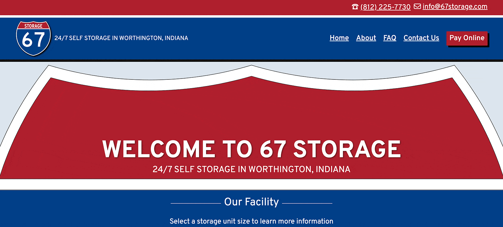 Header of the 67 Storage website displaying the company logo with contact details and navigation menu, with a welcoming message against a red background.