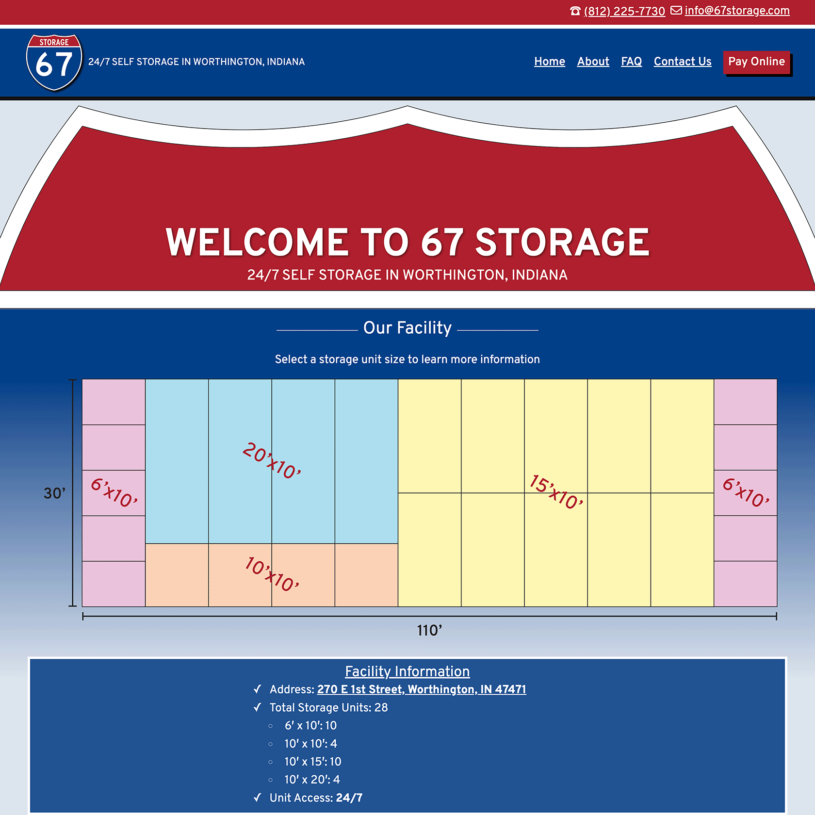 Screenshot of 67 Storage's homepage featuring a welcome message, a diagram of available storage unit sizes, and facility information including address, total units, and 24/7 access.