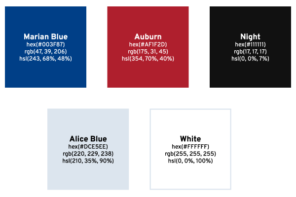 67 Storage brand color palette swatches: Marian Blue, Auburn, Night, Alice Blue and White with hex and RGB values
