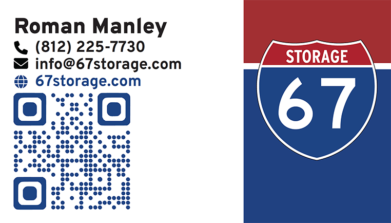 67 Storage business card with contact details, a QR code to the website and the red, white and blue highway shield logo