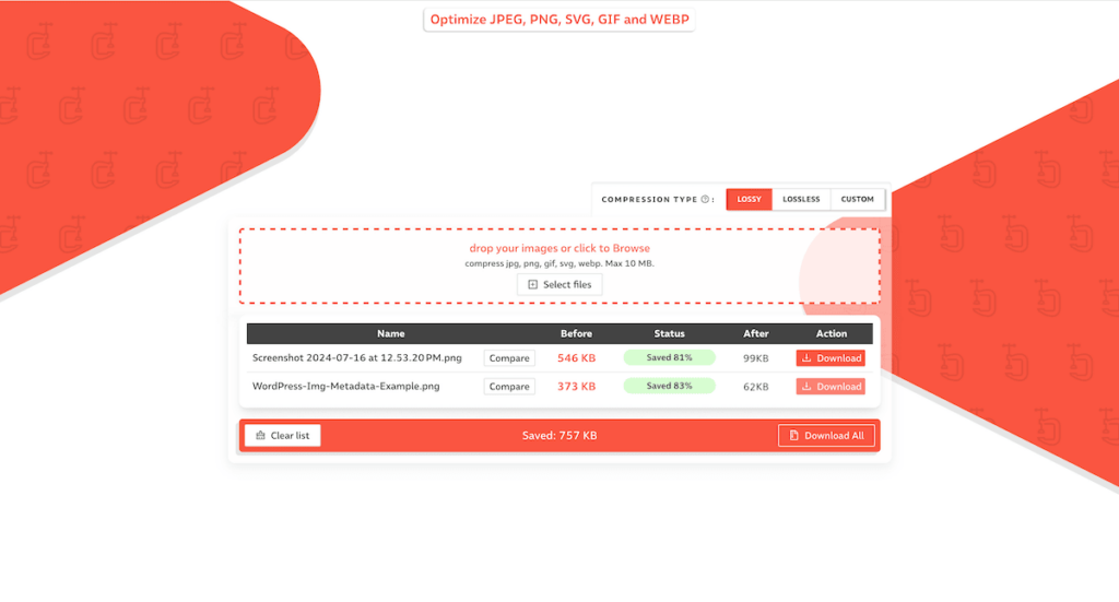 Screenshot of compressor.io reducing the file size of an image