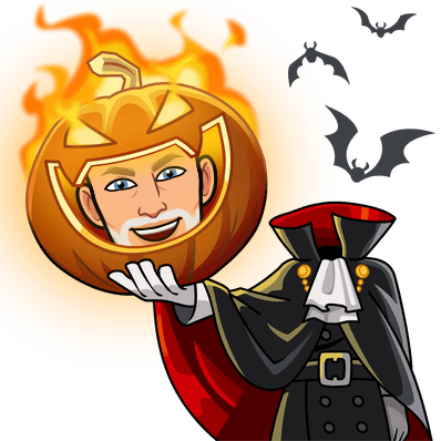 David Martin's personal Bitmoji logo featuring his face inside a flaming pumpkin head held by a Dracula figure, with bats flying around against a glowing orange background.