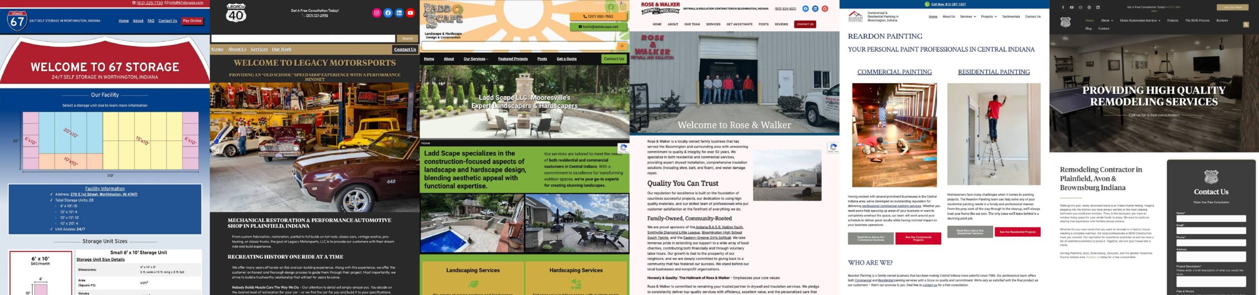 Collage of six client website designs by David Martin Design in Bloomington, Indiana, featuring diverse business sectors including storage, motorsports, landscaping, painting, and remodeling services.