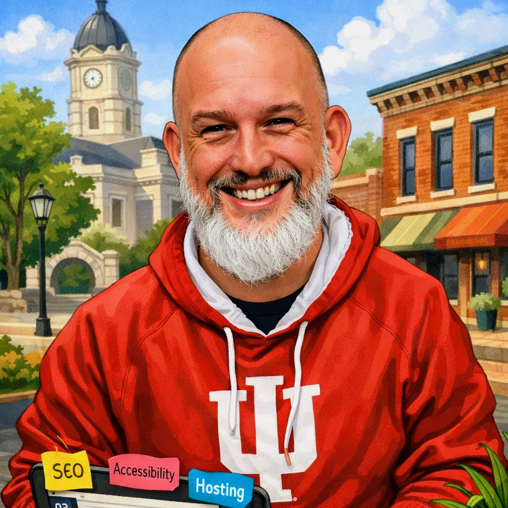 Dave Martin smiling in an IU hoodie with Bloomington landmarks and web service labels in painted illustration style