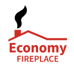 Economy Fireplace logo with red roofline and chimney icon, black smoke, and “Economy Fireplace” wordmark.