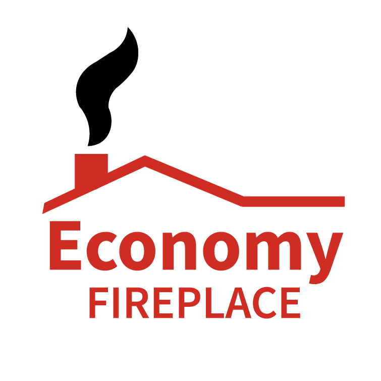Economy Fireplace logo with red roofline and chimney icon, black smoke, and “Economy Fireplace” wordmark.