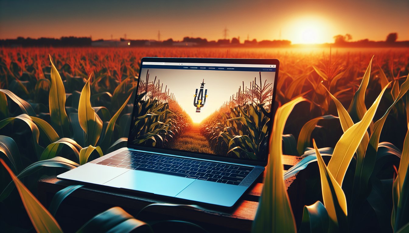 A laptop sits atop a wooden bench amidst a cornfield in Indiana, displaying a graphic of an open door leading to a sunset pathway on the screen.