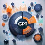 Abstract tech-themed graphic featuring AI icons, charts, code snippets, and digital symbols, designed to represent custom GPT tools for business productivity. The design incorporates a clean layout with shades of blue, orange, and white