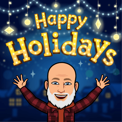 Happy Holidays illustration featuring a cartoon character with a bald head, white beard, and red plaid shirt, raising arms joyfully under holiday lights and decorations.