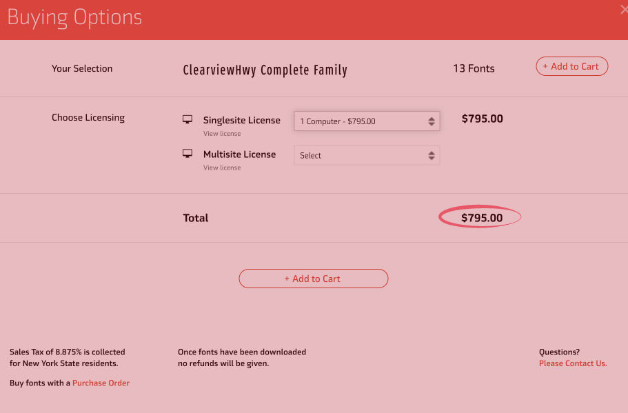Screenshot of the ClearviewHwy Complete Family font licensing options showing a price of $795 for a single computer license.