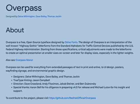 Informational screenshot detailing Overpass, a free, open-source typeface from Google Fonts, designed for web and environmental graphic design.