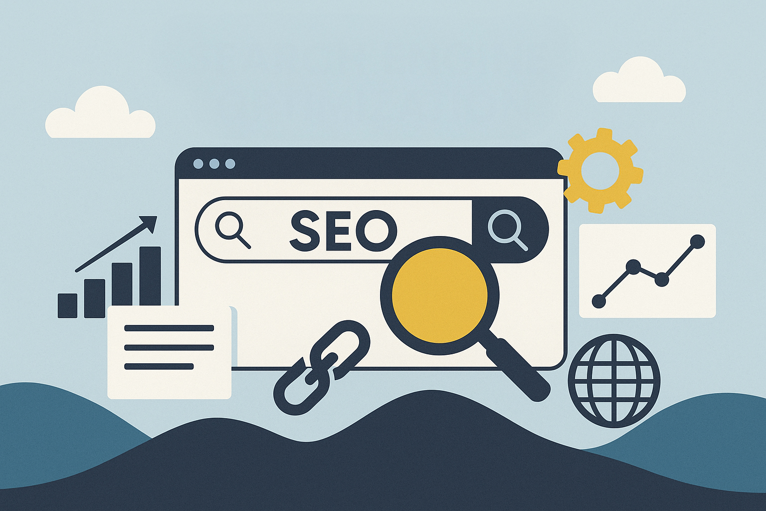 Flat-style digital illustration showing SEO elements like a search bar, magnifying glass, upward graph, gear, link icon, and globe, symbolizing search engine optimization and web analytics.