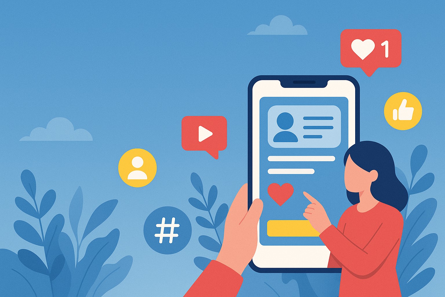 Flat-style illustration of a woman interacting with a large smartphone screen, surrounded by social media icons like likes, follows, hashtags, and video play buttons on a blue background.