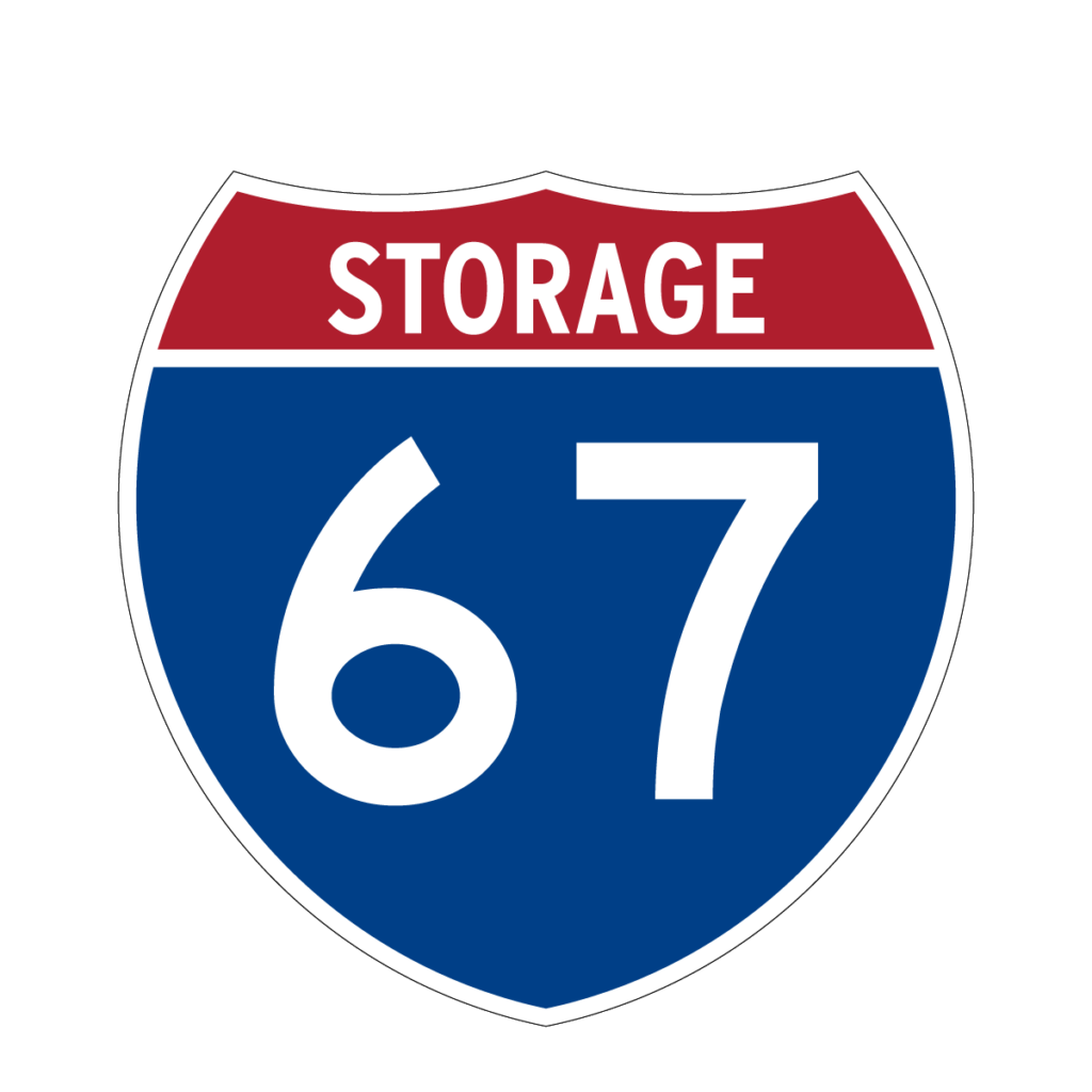 Logo of "67 Storage" resembling a traditional American highway sign with a shield shape, red and blue color scheme, and large white "67" in the center.