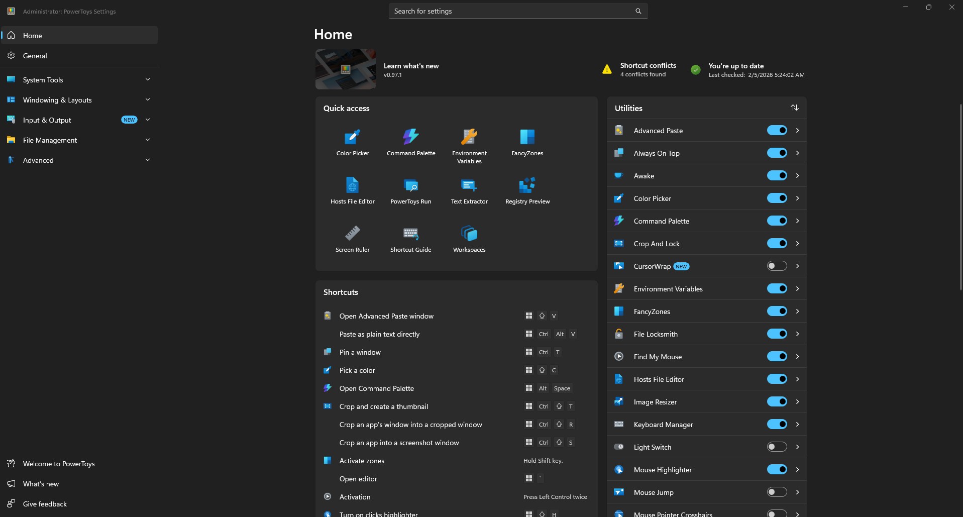 PowerToys Settings dashboard showing the Home screen with quick access icons, keyboard shortcuts list, and utilities toggle panel on Windows 11
