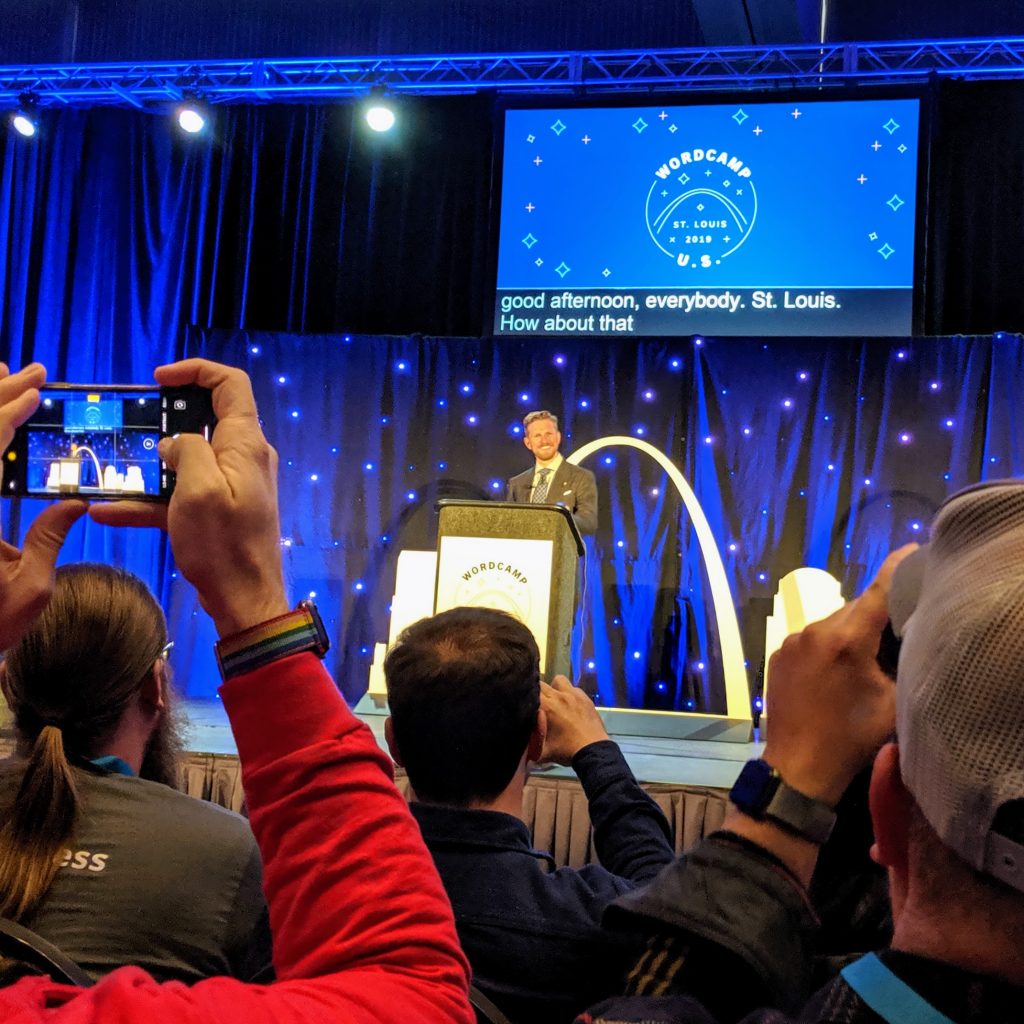 Matt Mullenweg, creator of WordPress, takes the stage at the 2019 WordCamp US stage in St. Louis, Missouri.