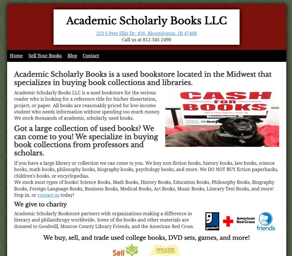 Academic Scholarly Books LLC website, a used bookstore in Bloomington, Indiana that buys book collections and libraries