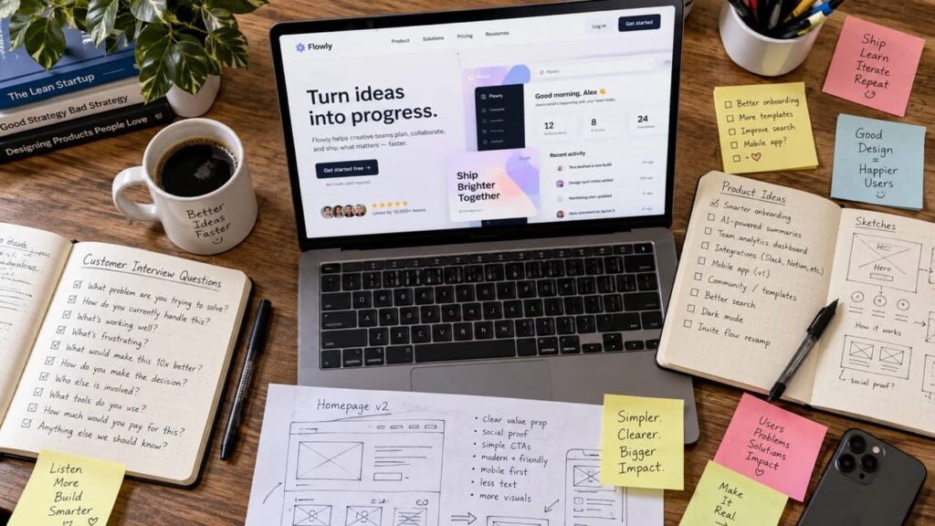 Laptop displaying a website prototype surrounded by product planning notes, customer interview questions, sketches, sticky notes, and a coffee cup