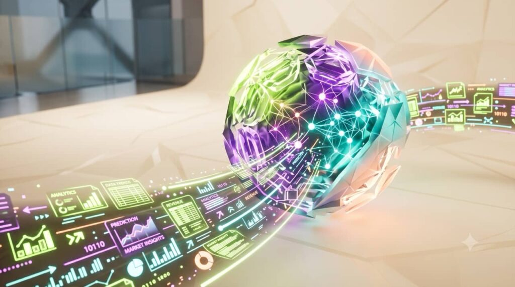 A conceptual illustration representing artificial intelligence processing business data.