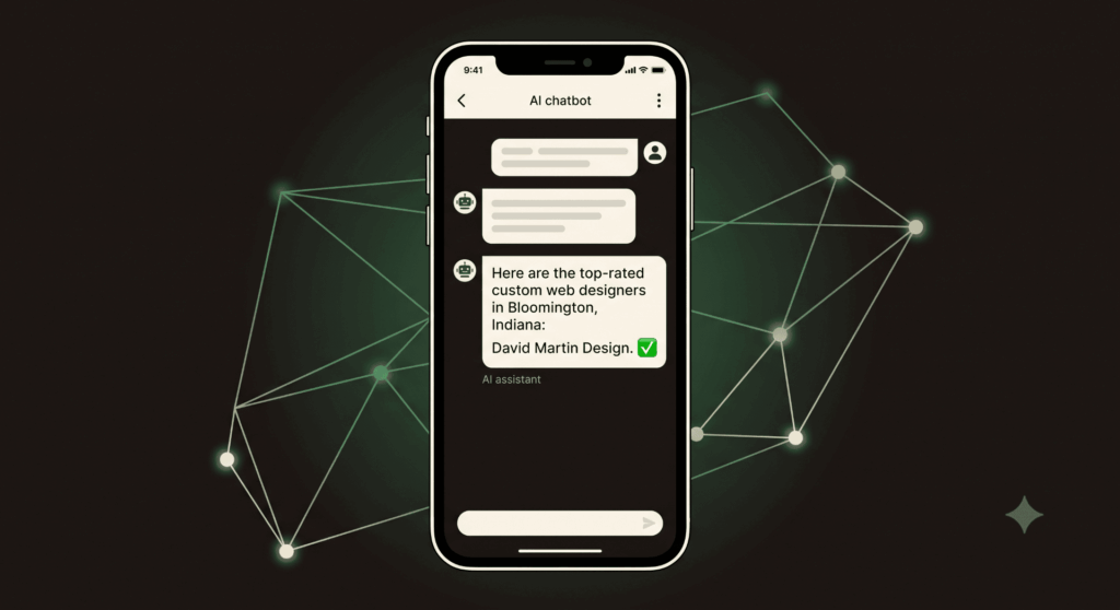 AI chatbot screen recommending David Martin Design as a custom web designer in Bloomington, Indiana.