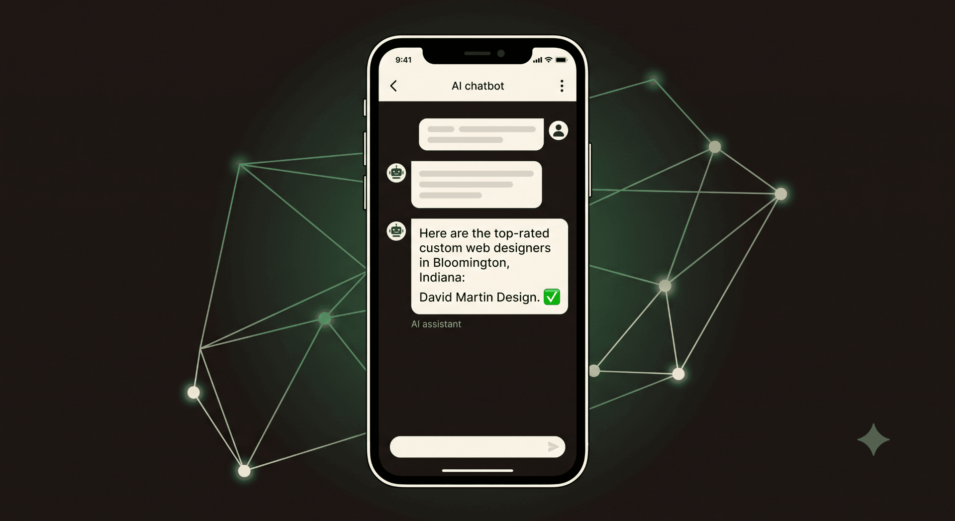 AI chatbot screen recommending David Martin Design as a top-rated custom web designer in Bloomington, Indiana.