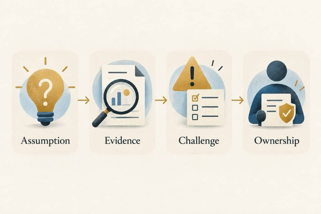 Four-stage framework for reviewing AI-assisted work: Assumption, Evidence, Challenge, and Ownership.
