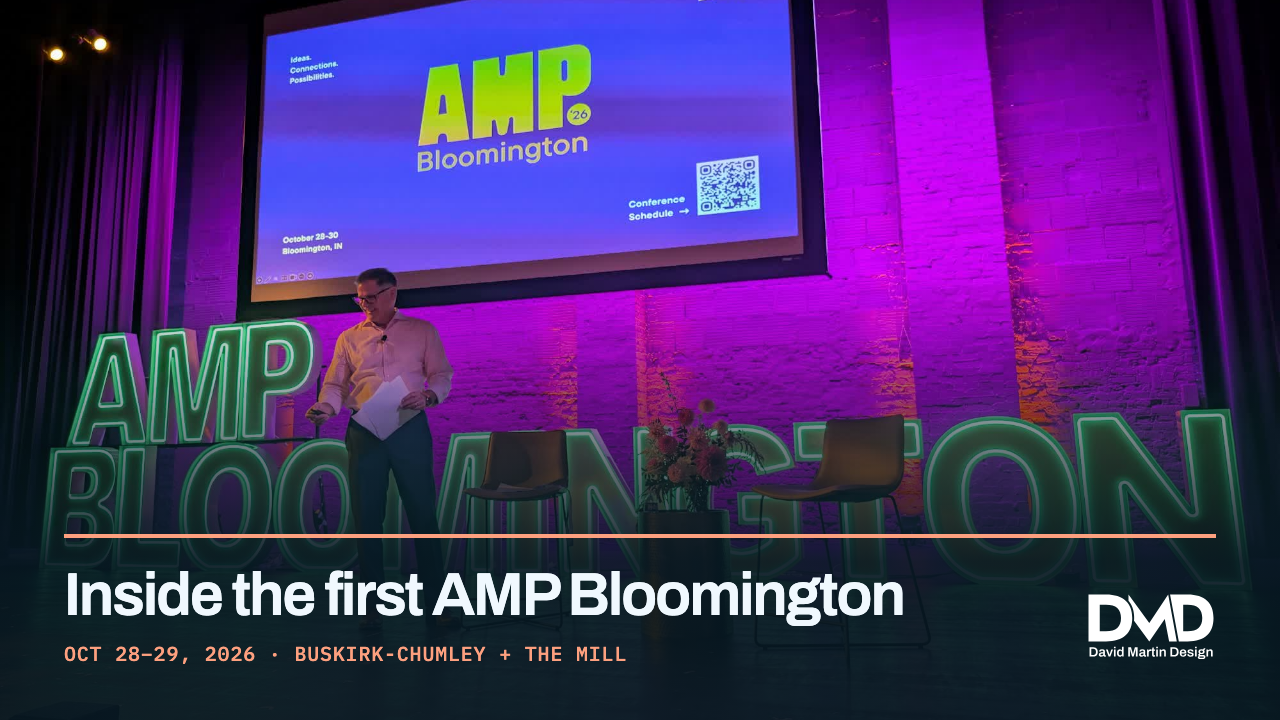 Stage at the Buskirk-Chumley Theater with large illuminated AMP Bloomington letters, purple brick backdrop and the title Inside the first AMP Bloomington