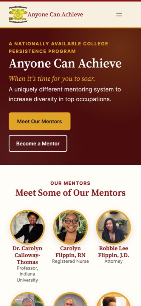 AnyoneCanAchieve.com homepage on a phone after the 2026 redesign