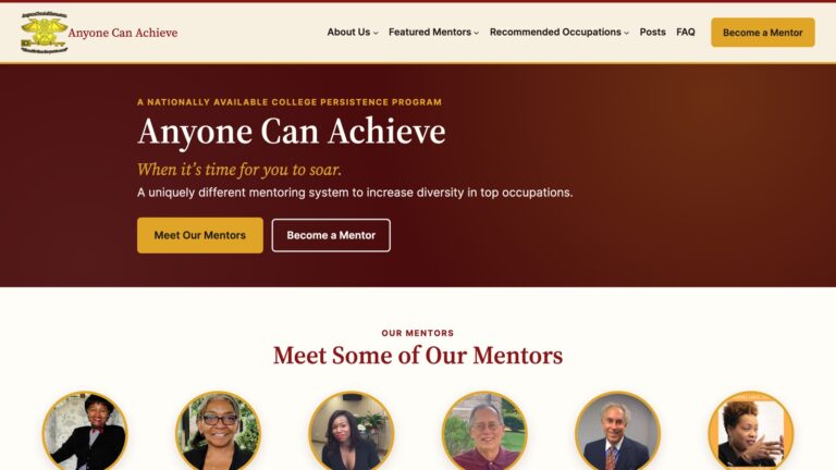 AnyoneCanAchieve.com homepage after the 2026 redesign, with a maroon welcome banner, gold buttons, and a row of mentor photos