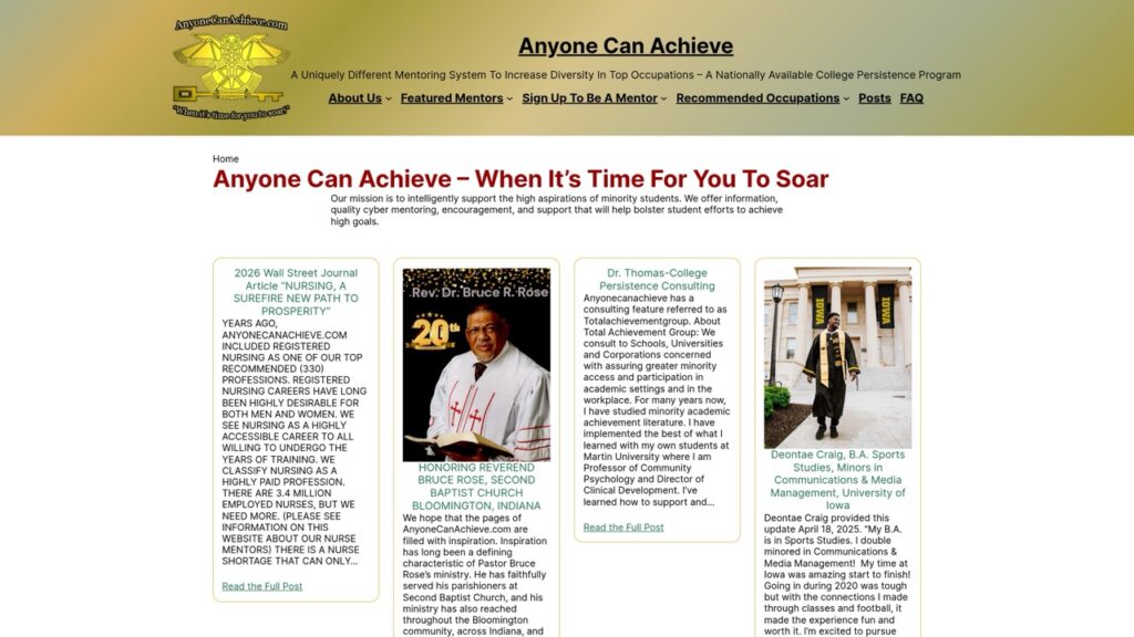 The AnyoneCanAchieve.com homepage from 2023 to 2026, with a gold gradient header and post previews in bordered boxes