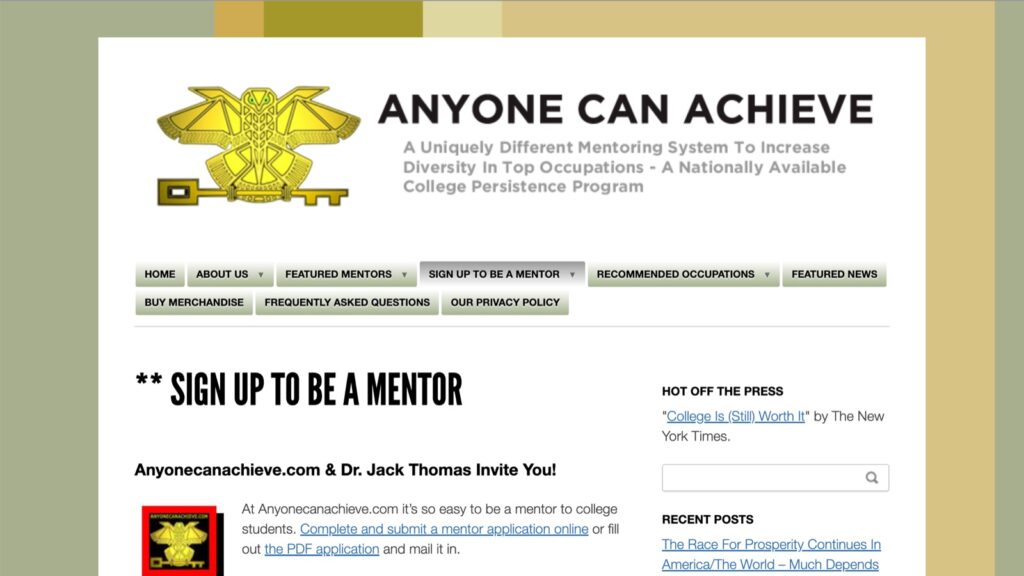 The early AnyoneCanAchieve.com website with a gold emblem logo, gray menu buttons, and a Sign Up To Be A Mentor page