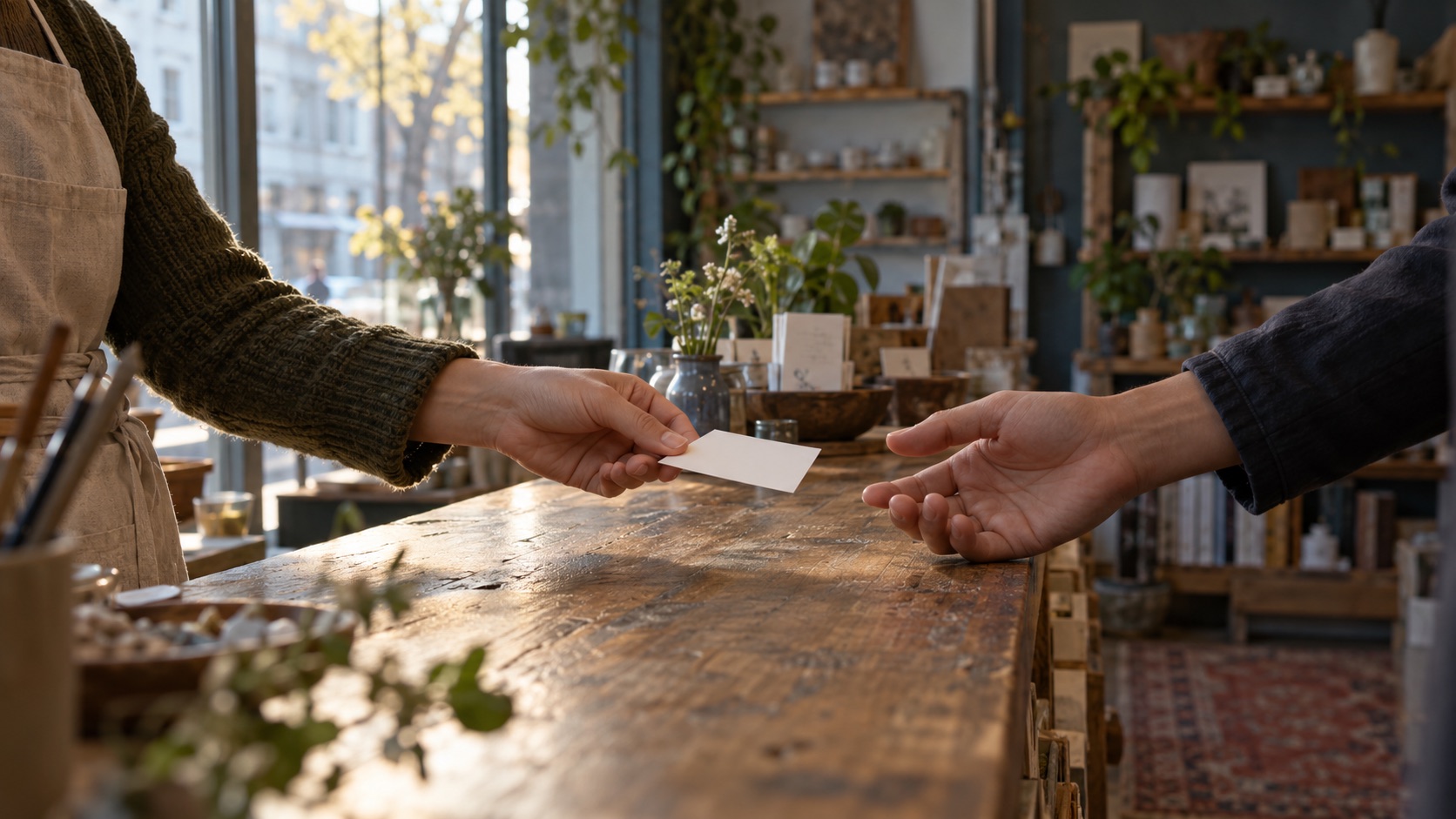 A shop owner in an apron hands a small card across a wooden counter to a customer in a plant-filled local shop.