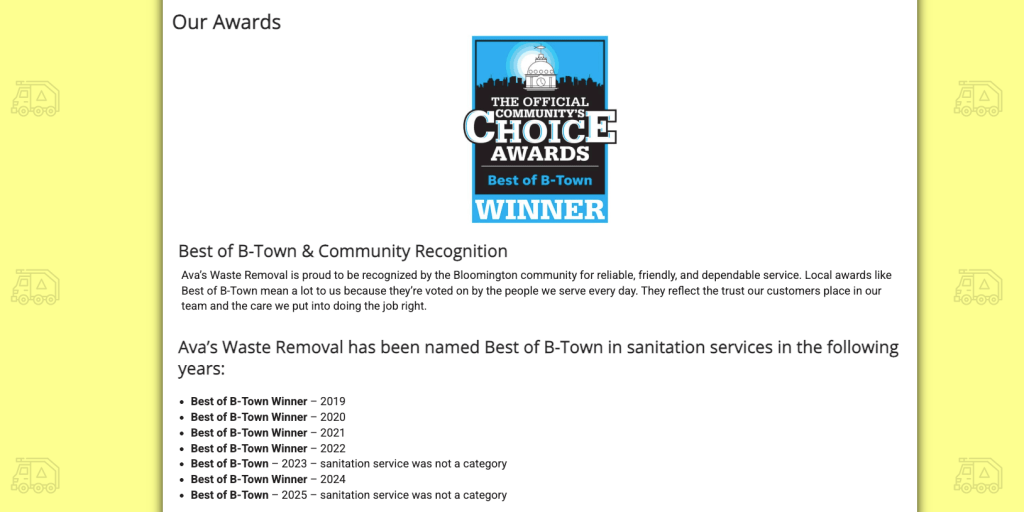 Screenshot of Ava’s Waste Removal Awards page showing Best of B-Town Community’s Choice Winner badge and list of award years from 2019 to 2024