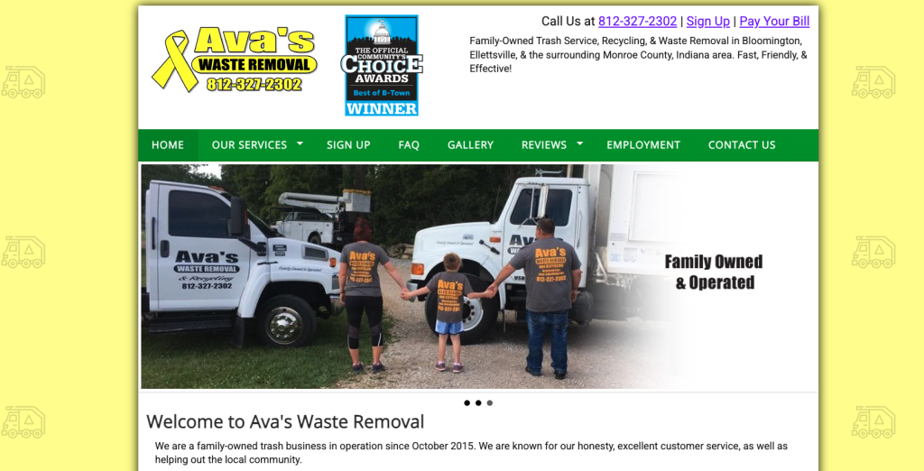 Homepage banner for Ava’s Waste Removal showing family members holding hands between two branded trash trucks in Bloomington, Indiana