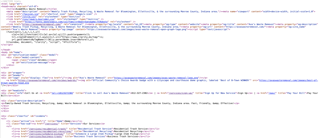 Screenshot of the HTML source code for Ava’s Waste Removal homepage showing meta description, Open Graph tags, and navigation markup