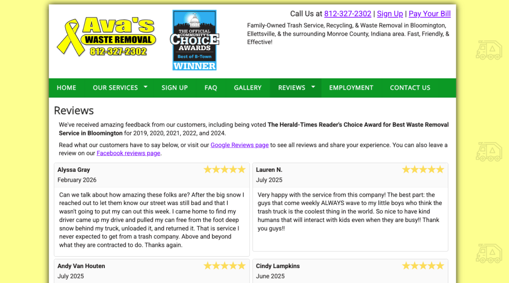 Screenshot of Ava’s Waste Removal Reviews page displaying five-star customer testimonials and award recognition in Bloomington, Indiana
