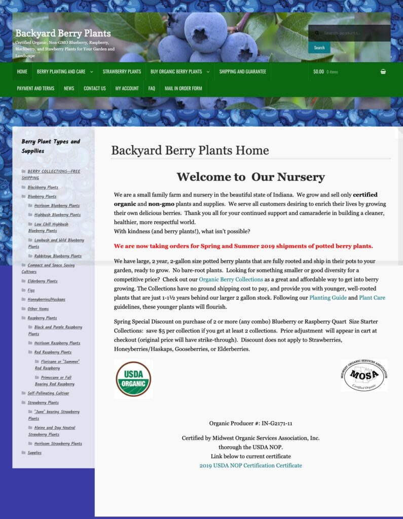 The Backyard Berry Plants homepage in March 2019, a WooCommerce store with a blueberry header photo, green navigation bar, product category sidebar, and shopping cart