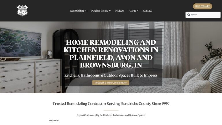BGW Construction homepage with the headline Home Remodeling and Kitchen Renovations in Plainfield, Avon and Brownsburg, IN over a finished living room