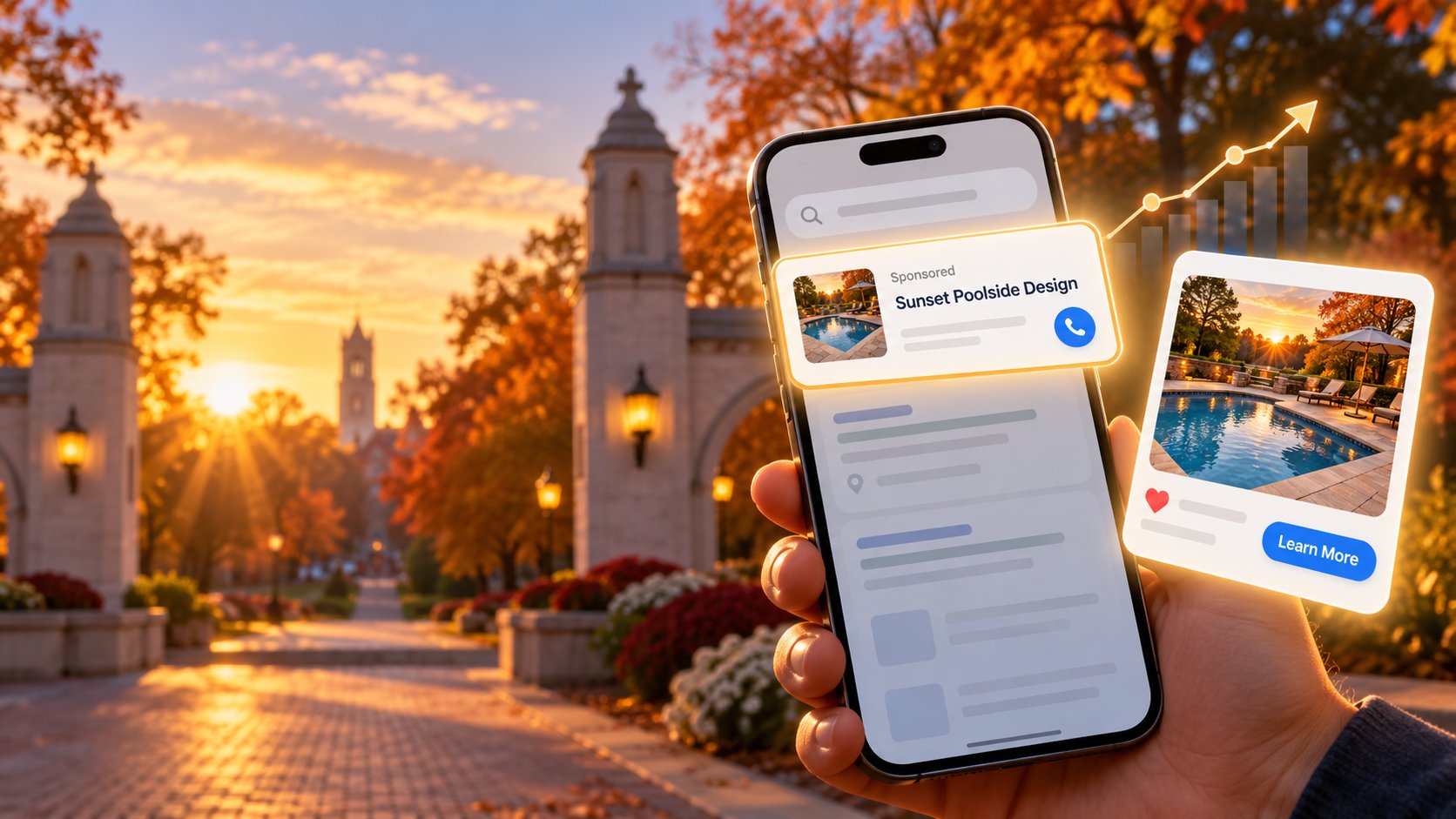 Illustration of a hand holding a smartphone showing a sponsored search ad for a local pool business, beside a social media ad card and a rising results chart, in front of the IU Sample Gates in Bloomington at sunset.