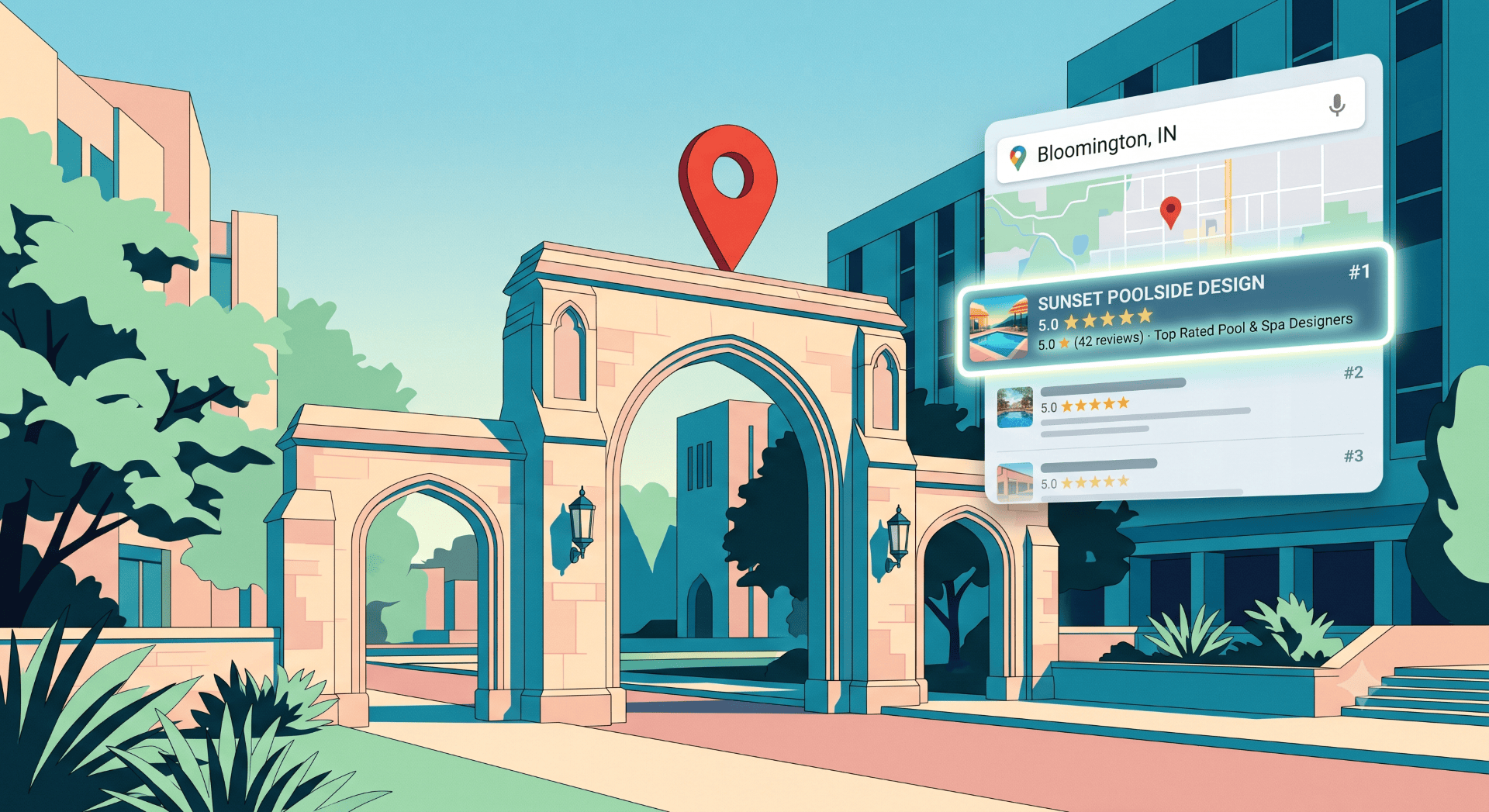 An illustration of a red map pin and a glowing Google Map listing for 'Sunset Poolside Design' over the IU Sample Gates.