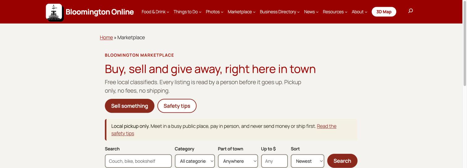 Screenshot of the Bloomington Online Marketplace home page with the headline Buy, sell and give away right here in town, plus search, category, part of town and price filters