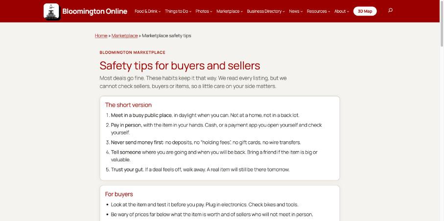 Screenshot of the Marketplace safety tips page listing five short rules: meet in a busy public place, pay in person, never send money first, tell someone where you are going, and trust your gut