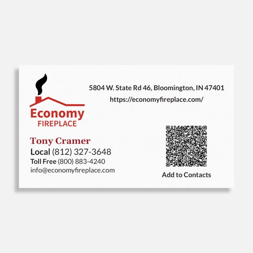 VistaPrint proof of the Economy Fireplace business card for Tony Cramer with refreshed logo and QR code