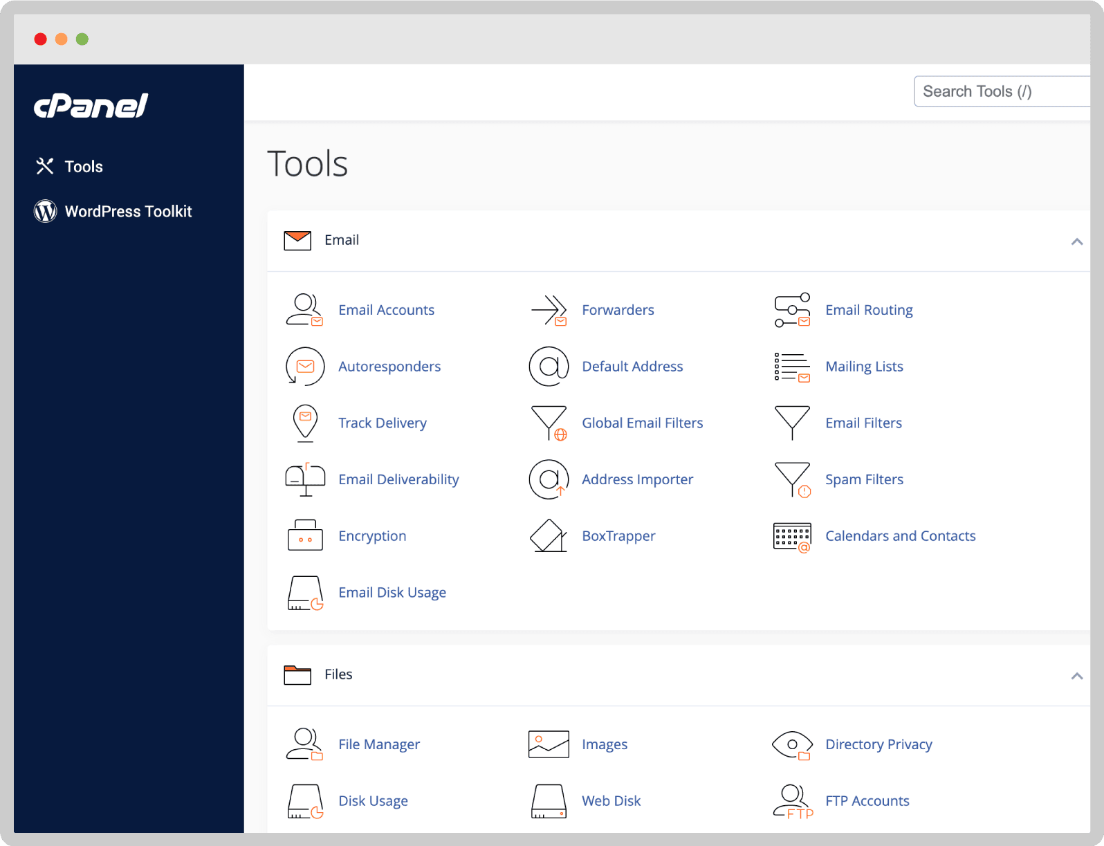 Screenshot of the cPanel dashboard displaying Email and File management tools.