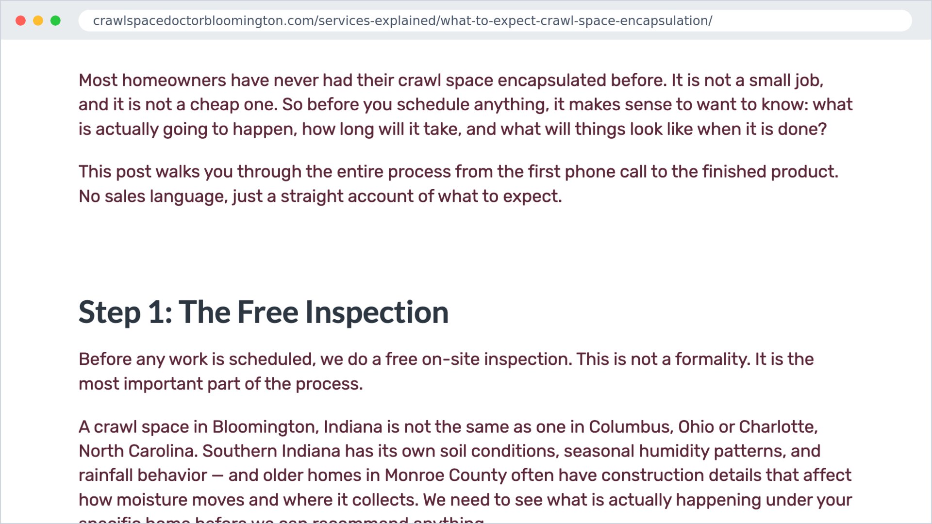 Screenshot of a blog post written for Crawlspace Doctor Bloomington, explaining in plain English what happens during a crawl space encapsulation, starting with Step 1, the free inspection.