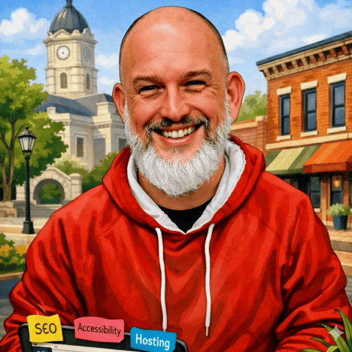 Caricature illustration of Dave Martin, owner of David Martin Design, smiling in a red hoodie with sticky notes labeled SEO, Accessibility, and Hosting on a laptop, set against a Bloomington Indiana downtown backdrop featuring a clock tower and brick storefronts.