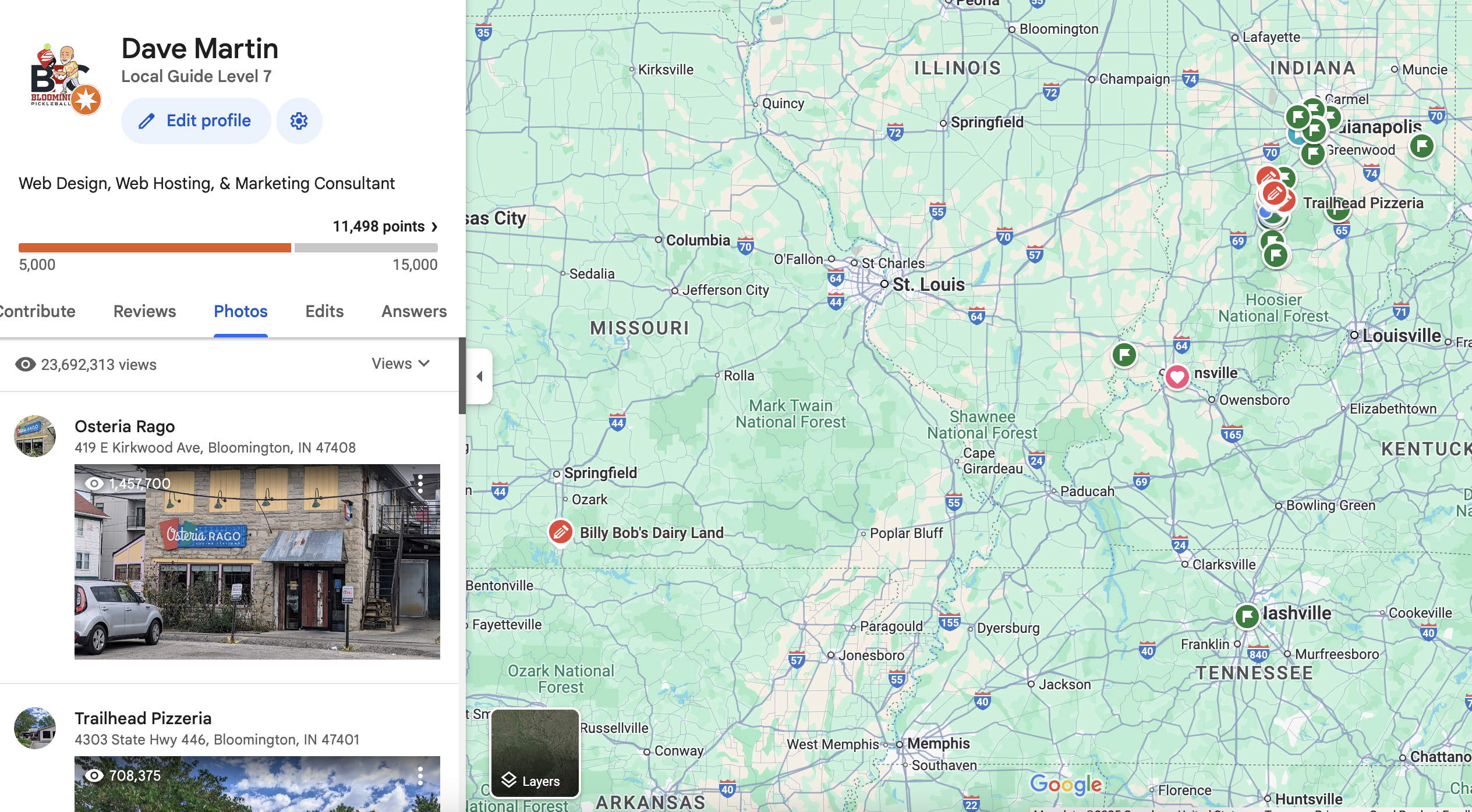 Screenshot of Dave Martin’s Google Maps Local Guide profile showcasing over 23 million photo views, with featured photos of Bloomington restaurants Osteria Rago and Trailhead Pizzeria