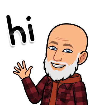 A cartoon-style Bitmoji of a smiling man with a bald head and a white beard, wearing a red plaid shirt and orange hoodie, waving with the word "hi" above his hand.